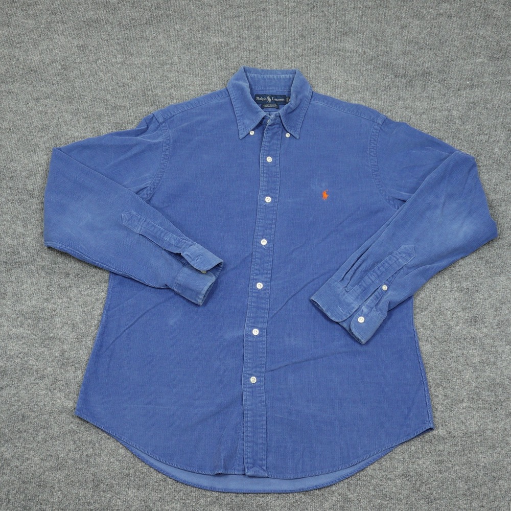 Ralph Lauren Shirt Men Large Blue Corduroy Custom Fit Button Down Long Sleeve